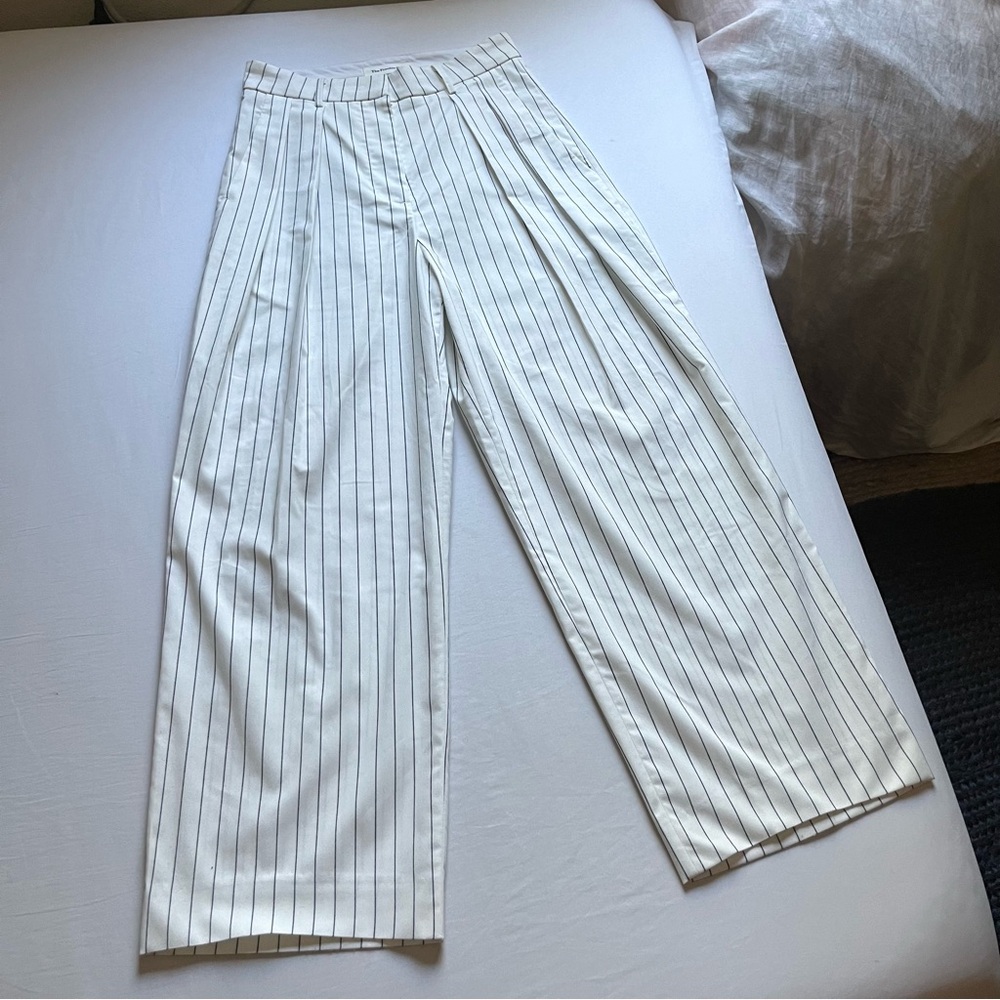 THE FRANKIE SHOP white off white pin stripe high rise wide leg pleated trousers